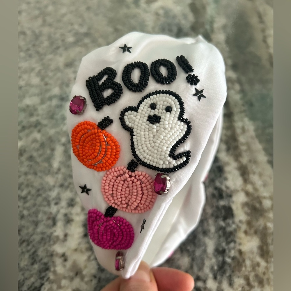 Beaded Top Knot Ghost Halloween Headband Shiny Crystal Pumpkin Pink Orange